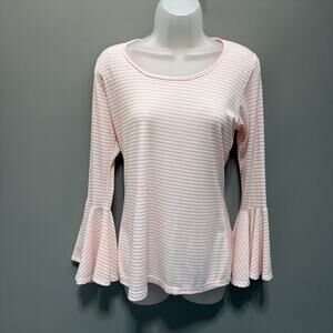 BMG Womens Boho Top Size M White Peach Striped Bell Sleeves Blouse Tunic